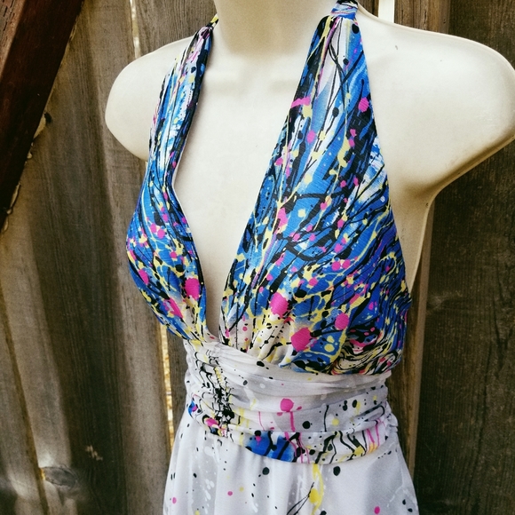 Multi-Color Paint Splatter Graffiti Halter Dress - Picture 2 of 6